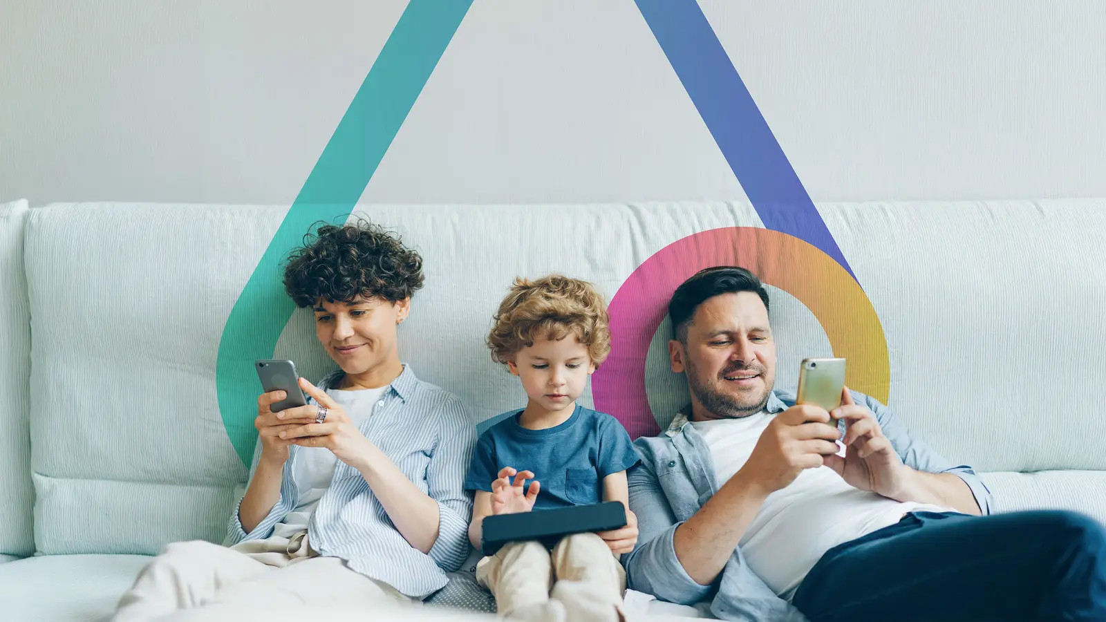 Two parents and their young child sit together on a sofa, each using a device, beneath the Allowed Online arch